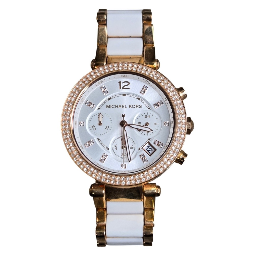 Michael Kors MK-5774 Parker Watch Womens Standard Rose Gold White Ceramic Tested